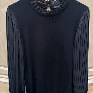 Adrianna Papell Black Blouse with Pleated Sleeves and Ruffled Neckline Size L